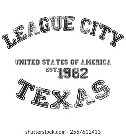 vintage college varsity texas's league city slogan emblem print with grunge effect for graphic tee t shirt or sweatshirt - vector