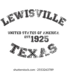 vintage college varsity texas's lewisville city slogan emblem print with grunge effect for graphic tee t shirt or sweatshirt - vector