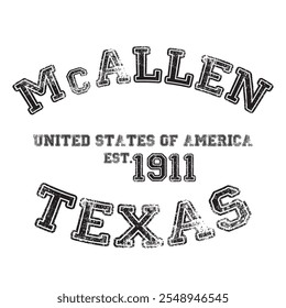 vintage faculdade varsity texas's mc allen cidade slogan impressão com efeito grunge para t-shirt gráfica ou moletom - vetor