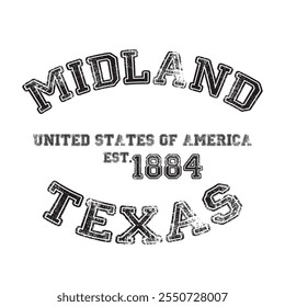 vintage college varsity texas's midland city slogan emblem print with grunge effect for graphic tee t shirt or sweatshirt - vector