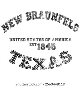 vintage college varsity texas's new braunfels city slogan emblem print with grunge effect for graphic tee t shirt or sweatshirt - vector