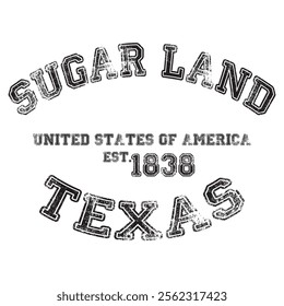 vintage college varsity texas's sugar land city slogan emblem print with grunge effect for graphic tee t shirt or sweatshirt - vector