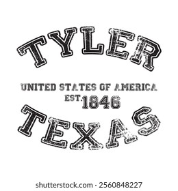 vintage college varsity texas's tyler city slogan emblem print with grunge effect for graphic tee t shirt or sweatshirt - vector