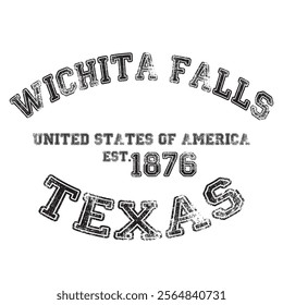 vintage college varsity texas's wichita falls city slogan emblem print with grunge effect for graphic tee t shirt or sweatshirt - vector