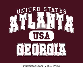 Vintage college varsity typography united states atlanta georgia city text slogan print with retro USA emblem for graphic tee t shirt or sweatshirt hoodie - Vector