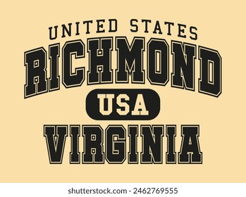 Vintage college varsity typography united states richmond virginia city text slogan print with retro USA emblem for graphic tee t shirt or sweatshirt hoodie - Vector