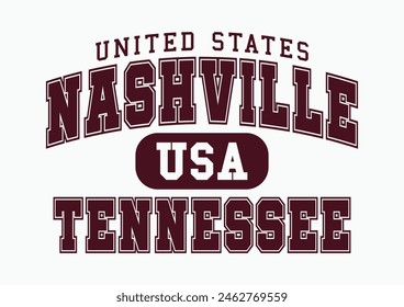 Vintage college varsity typography united states nashville tennessee city text slogan print with retro USA emblem for graphic tee t shirt or sweatshirt hoodie - Vector