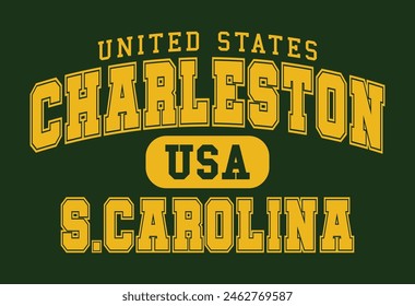 Vintage college varsity typography united states charleston south carolina city text slogan print with retro USA emblem for graphic tee t shirt or sweatshirt hoodie - Vector