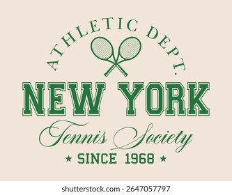 Tipografia universitária vintage do time de tênis dos estados unidos da américa slogan print com ilustração de raquete de tênis retro para camiseta ou pôster gráfico - Vetor