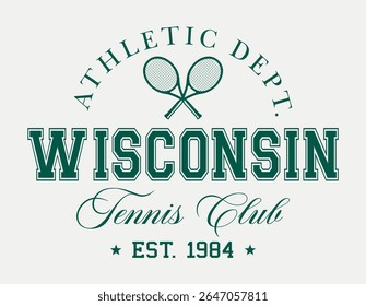 Tipografia universitária vintage do time de tênis dos estados unidos da américa slogan print com ilustração de raquete de tênis retro para camiseta ou pôster gráfico - Vetor