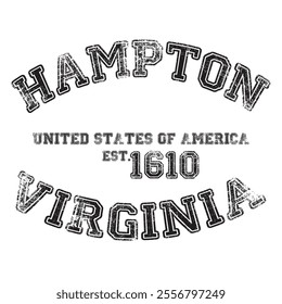 vintage college varsity virginia's hampton city slogan emblem print with grunge effect for graphic tee t shirt or sweatshirt - vector