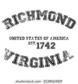 vintage college varsity virginia's richmond city slogan emblem print with grunge effect for graphic tee t shirt or sweatshirt - vector