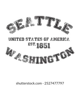 vintage faculdade varsity washington seattle cidade slogan emblema imprimir com efeito grunge para t-shirt gráfico ou moletom - vetor