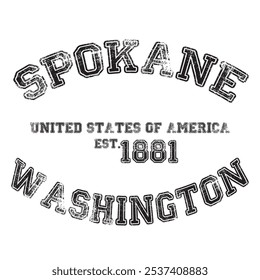 vintage faculdade varsity washington spokane cidade slogan impressão emblema com efeito grunge para t-shirt gráfico ou moletom - vetor