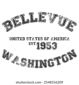 vintage faculdade varsity washington's bellevue cidade slogan impressão com efeito grunge para t-shirt gráfico ou moletom - vetor