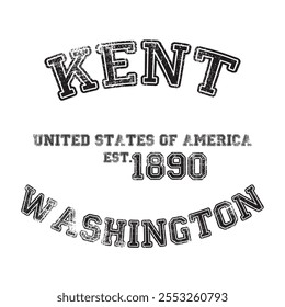 vintage faculdade varsity washington's kent cidade slogan impressão emblema com efeito grunge para t-shirt gráfico ou moletom - vetor