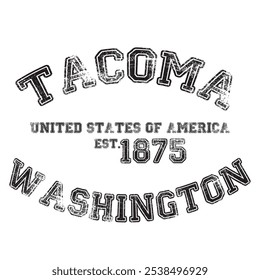 vintage faculdade varsity washington's tacoma cidade slogan impressão emblema com efeito grunge para t-shirt gráfico ou moletom - vetor