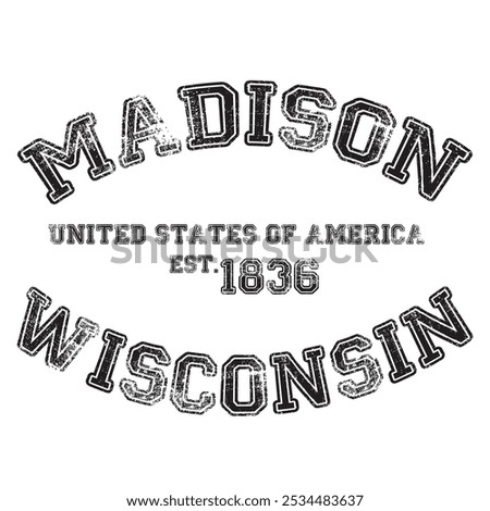 vintage college varsity wisconsin madison city slogan emblem print with grunge effect for graphic tee t shirt or sweatshirt - vector