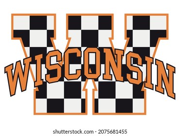 Vintage college varsity wisconsin state slogan with checkered letter print for graphic tee t shirt or sweatshirt - Vector