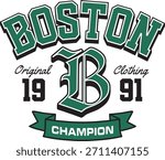 A vintage college-style “Boston Champion” typography emblem featuring bold varsity lettering, a large decorative letter “B,” ribbon banner, and classic sports-inspired design. 