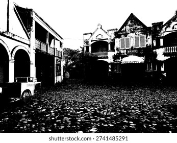 Vintage colonial old town square in high contrast stencil style, monochrome historical architecture illustration, grunge cobblestone street for retro urban design.