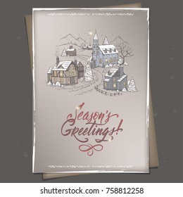 Vintage color A4 format Christmas card with mountain village and holiday brush lettering. Based on hand drawn sketch. Great for holiday design. - Shutterstock ID 758812258