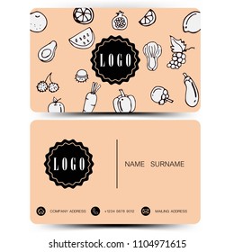 Vintage color. business card design doodle concept. Vegetables and fruits. 