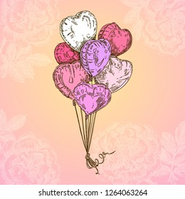 Vintage color card. Bunch of heart shaped balloons. Engraving style. Vector illustration.