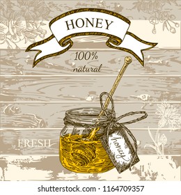 Vintage color card. Open jar of fresh honey with label and spoon inside. Engraving style. Vector illustration.