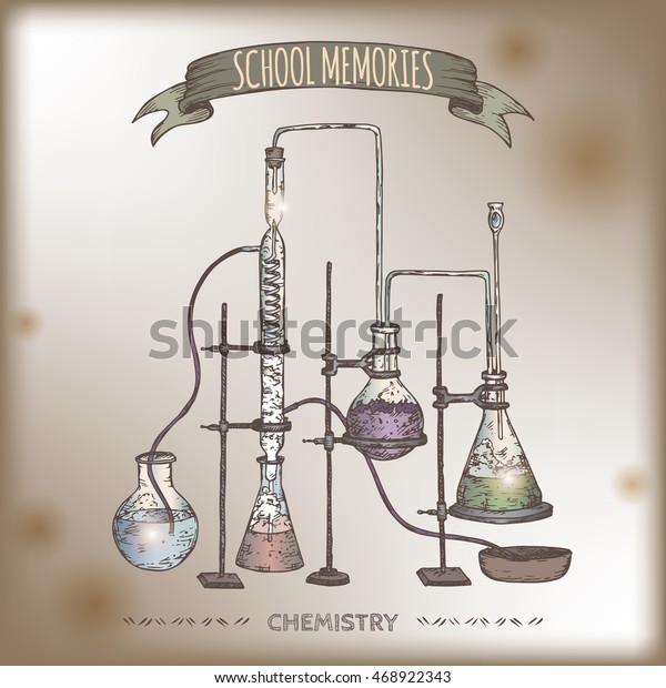 Vintage Farbige Chemie Laborgerate Handgezeichnet Skizze Stock Vektorgrafik Lizenzfrei