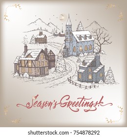 Vintage color Christmas card with mountain village and holiday brush lettering. Based on hand drawn sketch. Great for holiday design.