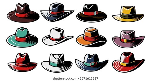 Vintage color of cowboy hat collection in comic illustration. Hat element for fashion design, poster, sticker, icon, apparel design. Vector Eps 10.