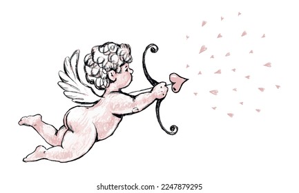 Vintage color drawing of baby angel, cupid archery. Cute flying angel with an arrow, pencil drawing, watercolor. Vector hand drawn illustration, retro style.