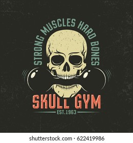 Vintage color emblem with a skull and dumbbell. Grunge texture on separate layers and can be easily disabled.