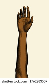 Vintage color engraved drawing raised up black skin female human hand vector illustration front view isolated on white beige background