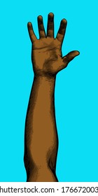 Vintage color engraved drawing raised up black skin male hand vector illustration front view isolated on blue background