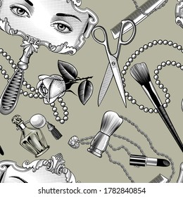 Vintage color engraved seamless pattern background with a set of cosmetic tools. Vintage engraving stylized drawing. Vector illustration