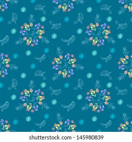 Vintage color floral seamless pattern with doodle iris flowers and birds on dark background