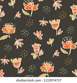 Vintage color hand drawn sketch style floral seamless pattern for background, wrapping paper, fabric, surface design. Endless flower and leaves repeatable motif for surface design
