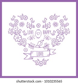 Vintage color heart of flowers. Greeting card with hand drawn decorative floral elements for Valentine's Day, mother's day, birthday, wedding. Doodles, sketch. Vector.