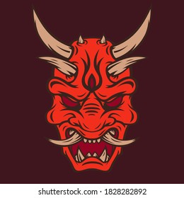 Vintage color japanese demon mask isolated on red background. Hand drawn design element template for emblem, print, cover, poster. Vector illustration.