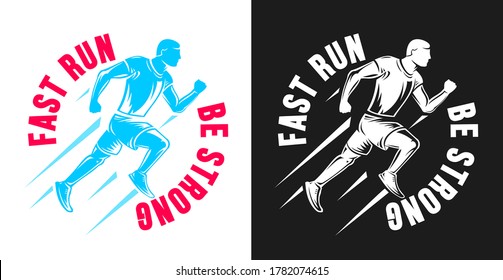 Vintage color and monochrome concept with silhouette running man for print, label, badge or other symbol isolated on white background. Vector illustration.