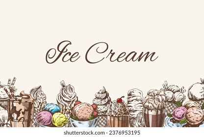 Vintage color and monochrome ice cream template, hand-drawn. The concept of dessert, a sweet dish in a vintage doodle style. A template with an empty space.