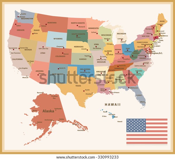 Vintage Color Political Map Usa Flag Stock Vector (Royalty Free ...