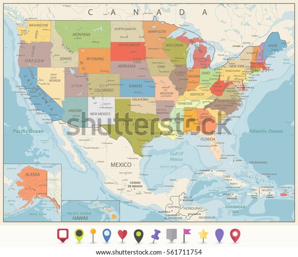 Vintage Color Political Map Usa Flat Stock Vector (Royalty Free ...