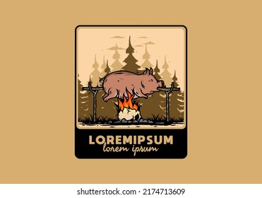 Vintage color of pork roast on fire illustration design