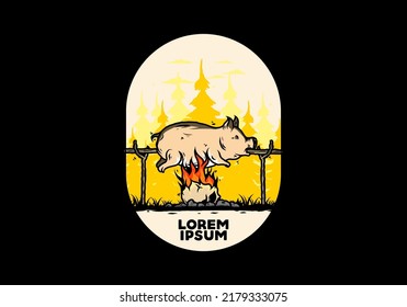 Vintage color of pork roast on fire illustration design