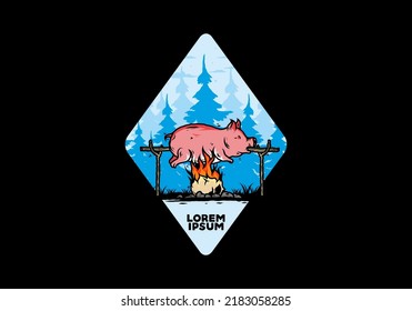 Vintage color of pork roast on fire illustration design