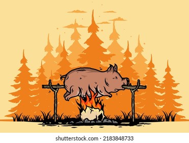 Vintage color of pork roast on fire illustration design