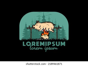 Vintage color of pork roast on fire illustration design
